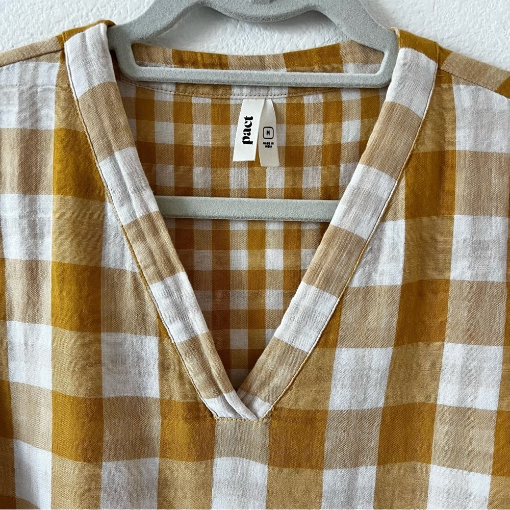 NWOT Pact Coastal Daily Organic Cotton Gingham Double Gauze V-Neck Top Yellow M - Picture 7 of 16